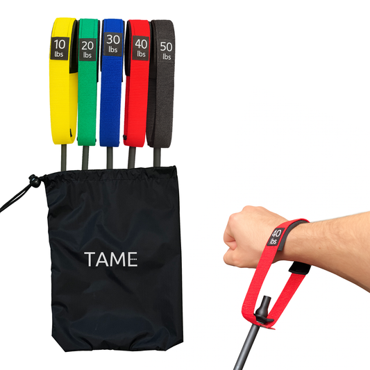 Made in USA resistance band with travel bag and convenient user handle