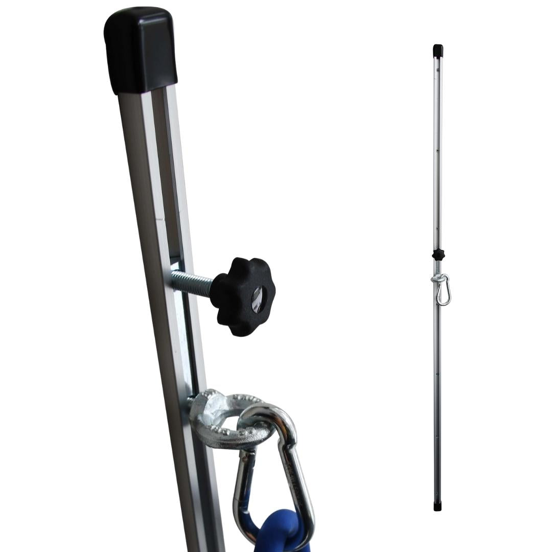 Close-up of Adjustable resistance band mount and a full-length image of the band station to the right with the adjustable hook positioned in the middle of the track. Wall mounted track for resistance bands.