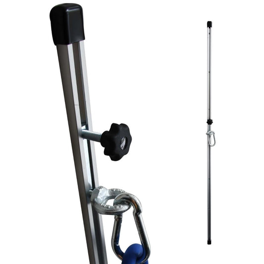 Close-up of Adjustable resistance band mount and a full-length image of the band station to the right with the adjustable hook positioned in the middle of the track. Wall mounted track for resistance bands.