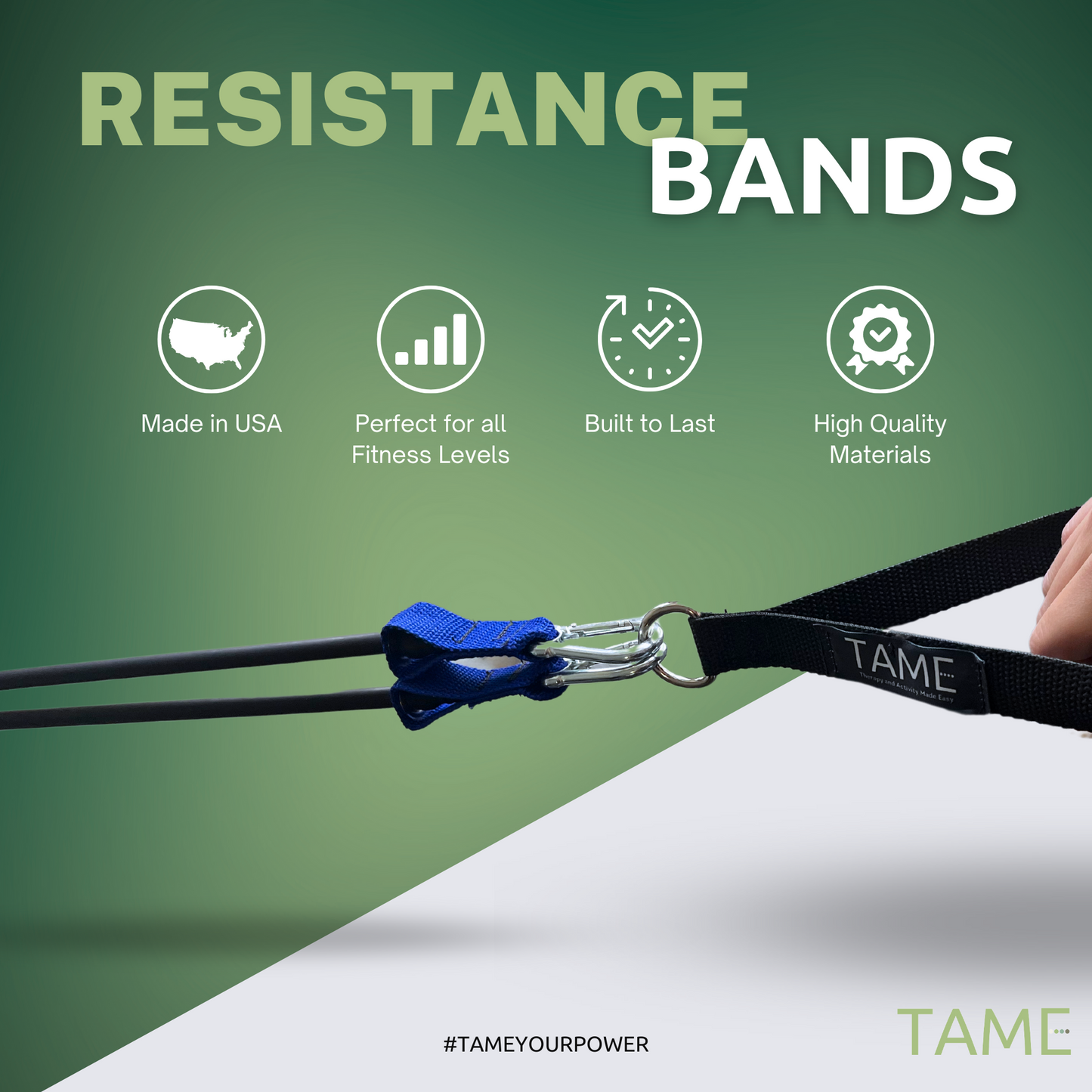 resistance band details include made in usa, built to last, high quality