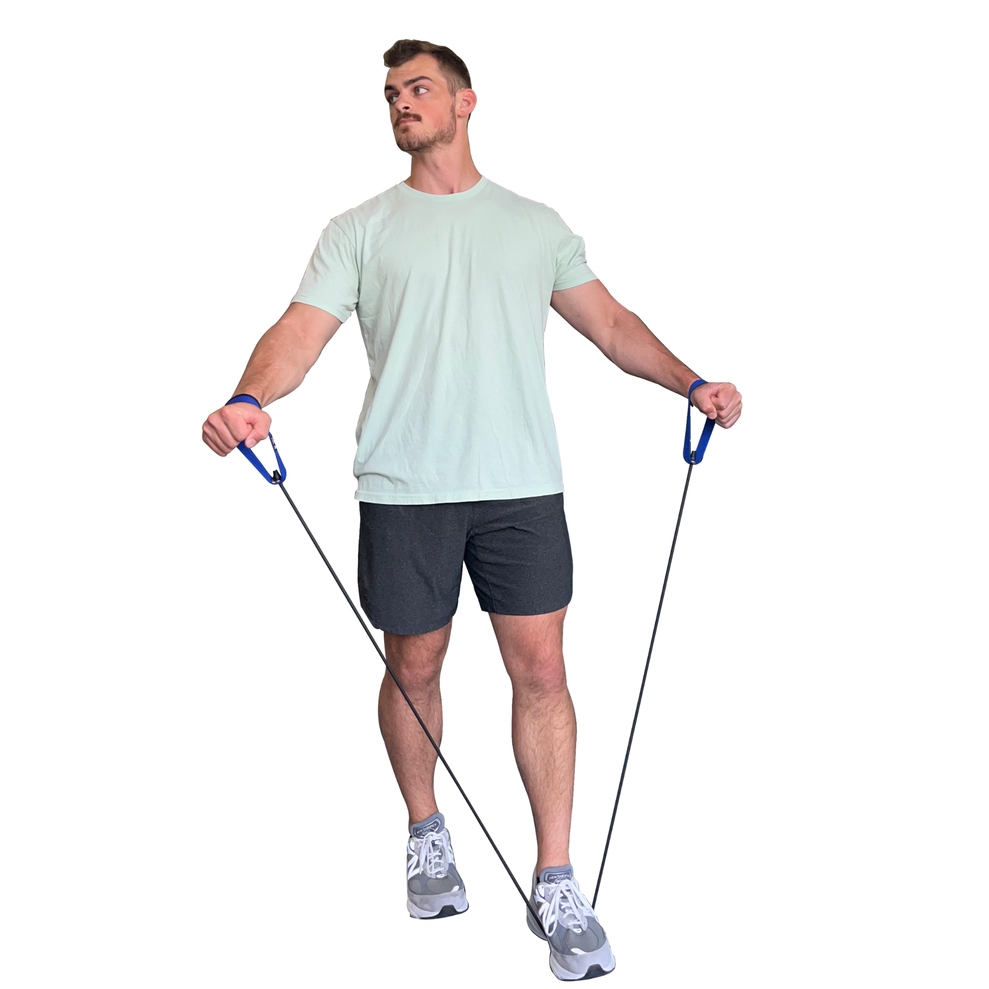 Blue 30 pound made in USA resistance band being stretched to perform lateral raises