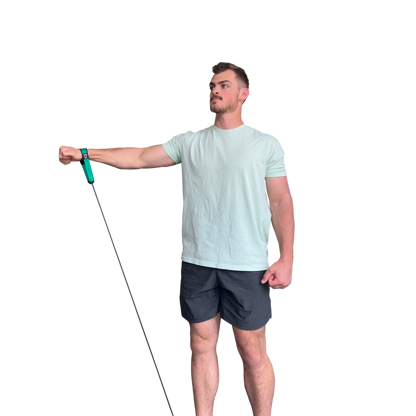 Green 20 lb made in usa resistance band around users wrist to perform lateral raises