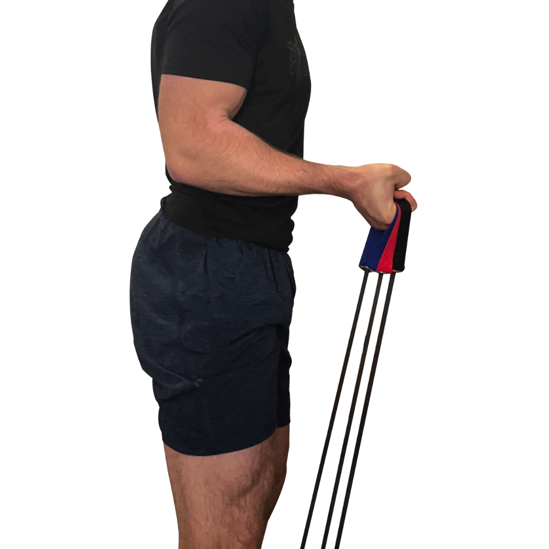 Man performing bicep curl exercise with resistance bands. There are three exercise bands put together easily in his hand to increase resistance. 